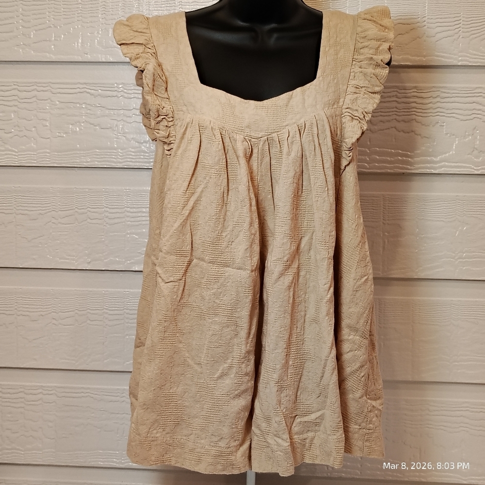 MUSTARD SEED ROMPER WOMENS SMALL TAN RUFFLE SLEEVE LINED 100% COTTON COTTAGECORE - Picture 1 of 9
